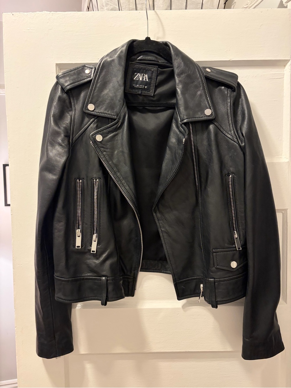 Zara Black Leather Moto Jacket with Silver Hardware